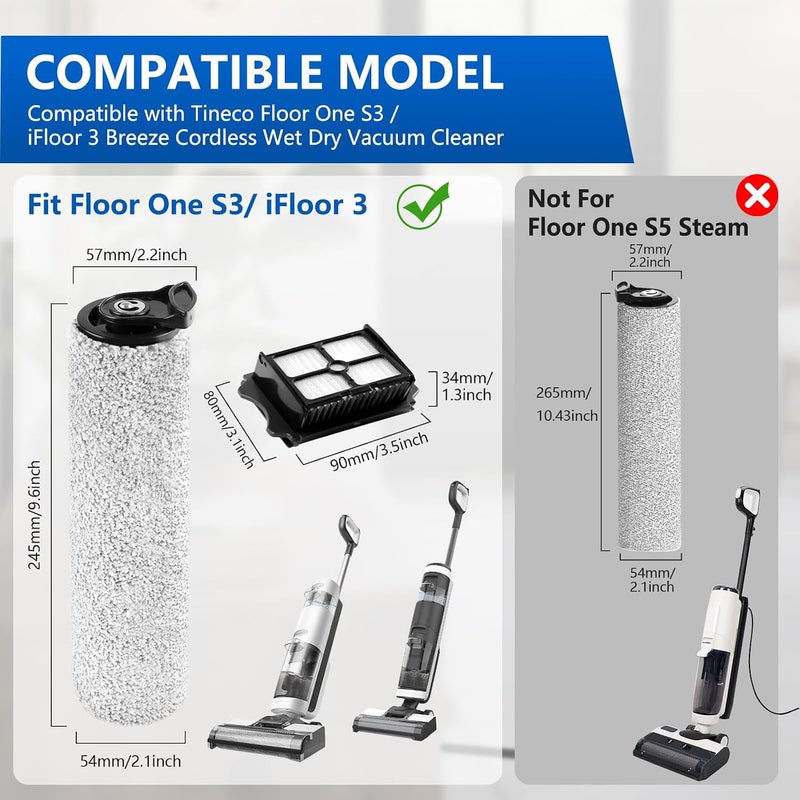 keluke Roller Brush and Filter Replacement Compatible with Tineco iFloor 3/ Floor One S3 Cordless Vacuum Cleaner, Replacement Parts Include 3 Brush Rollers, 3 Filters - Image 2
