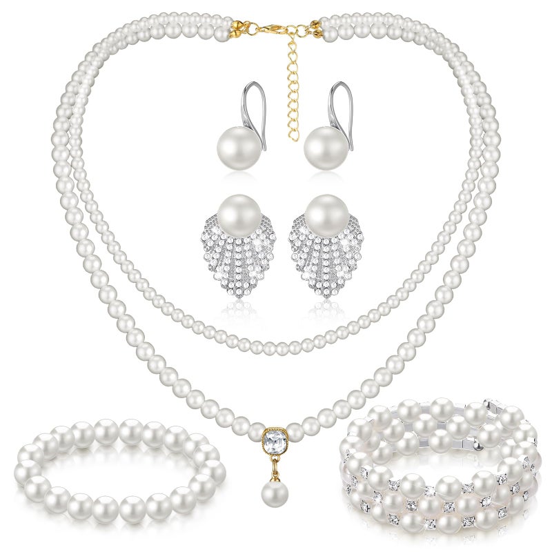 Glenmal Pearl Rhinestone Jewelry Set for Women Pearl Necklace Bracelet Earrings for Wedding Birthday Bridal Shower Tea Party (Gorgeous Style) - Image 1