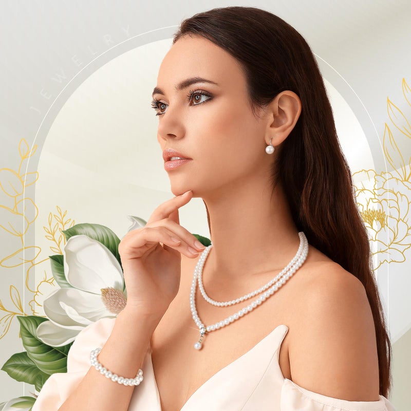 Glenmal Pearl Rhinestone Jewelry Set for Women Pearl Necklace Bracelet Earrings for Wedding Birthday Bridal Shower Tea Party (Gorgeous Style) - Image 4