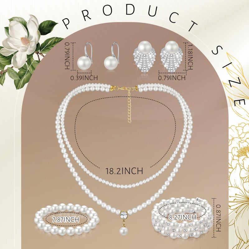 Glenmal Pearl Rhinestone Jewelry Set for Women Pearl Necklace Bracelet Earrings for Wedding Birthday Bridal Shower Tea Party (Gorgeous Style) - Image 2