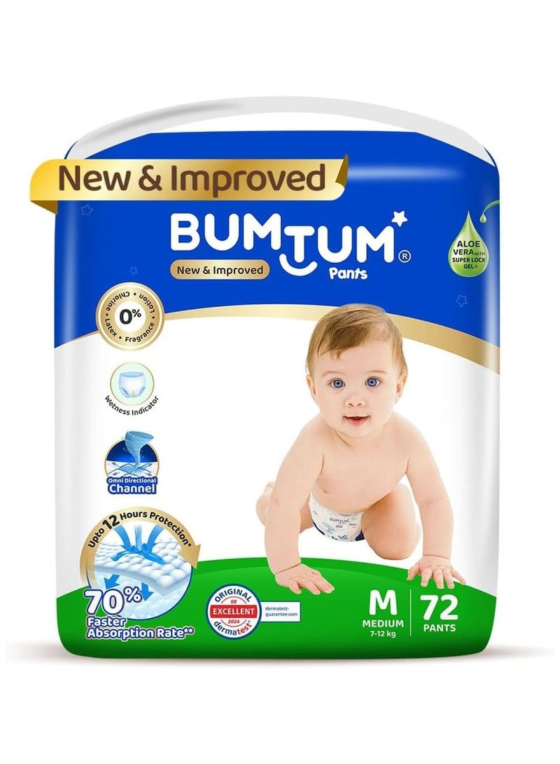 Bumtum Baby Diaper Pants, M (Size 3), 7-12 kg, Double Layer Leakage Protection Infused With Aloe Vera, Cottony Soft High Absorb Technology, 72 Diaper - Image 1