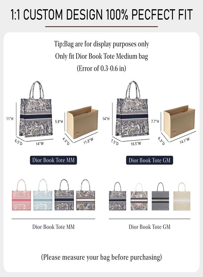 OAikor Tote Bag Organizer Insert Compatible with Dior Book Tote and onthego Bag Medium,Premium Felt Lightweight Purse Organizer Insert for Handbags,Bags Shaper Purse Accessories with Zipper,MM,Beige - Image 2