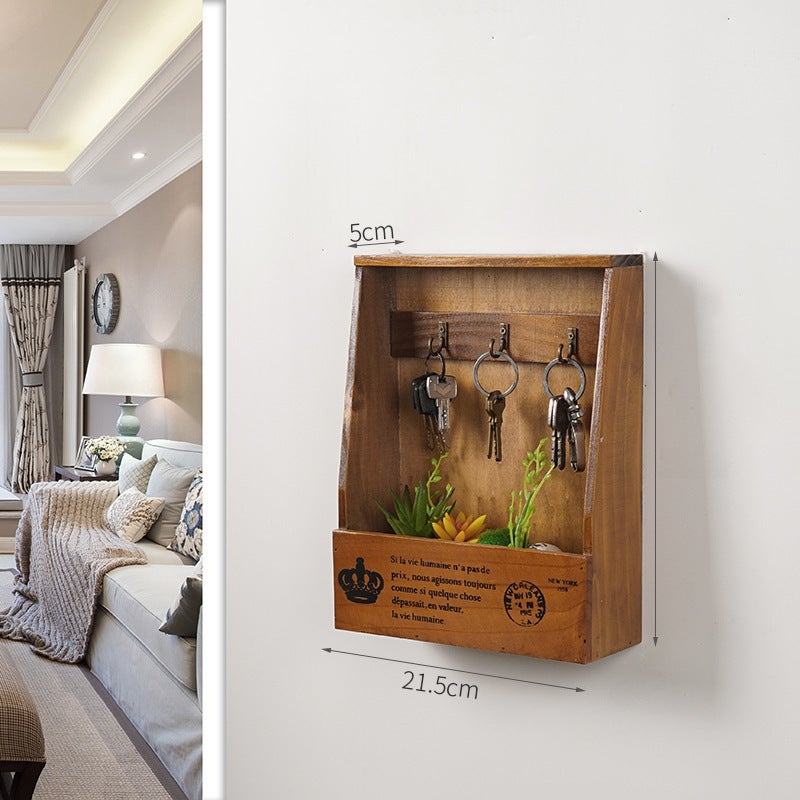 Key storage box wall hanging door living room creative home organizing decoration hallway key storage decoration key box(Old color one bucket three hooks) - Image 1
