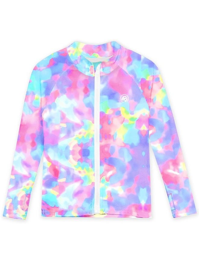 AOBUTE Boys Zip Rashguard Toddler Girls Long Sleeve Sun Protection Clothes Tie Dye Swim Rash Guard with Thumb Holes Purple 3-4 Years - Image 4