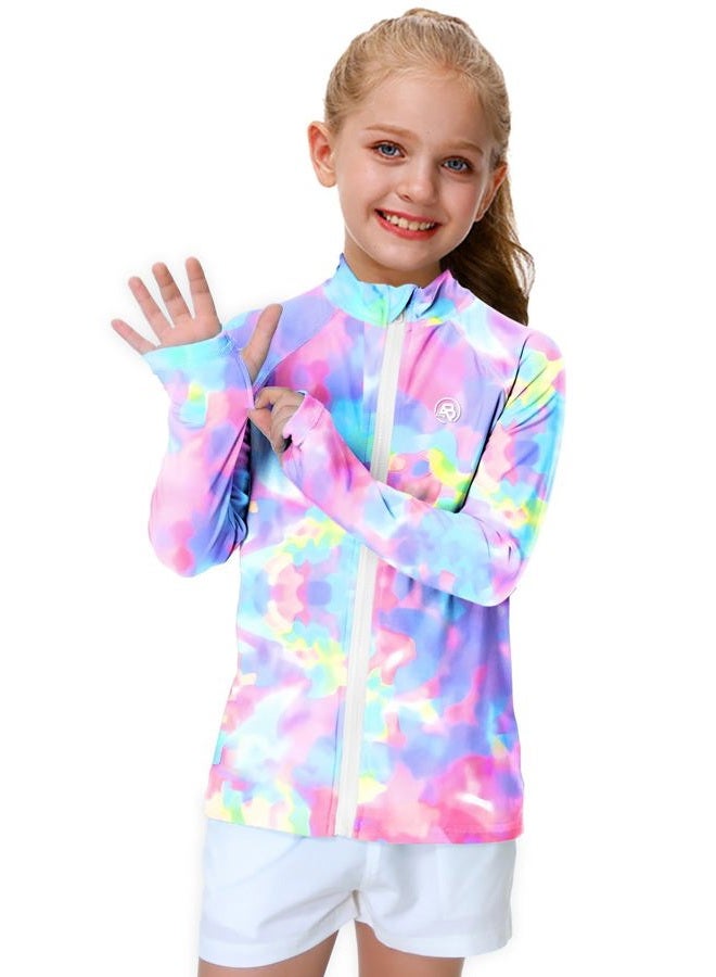 AOBUTE Boys Zip Rashguard Toddler Girls Long Sleeve Sun Protection Clothes Tie Dye Swim Rash Guard with Thumb Holes Purple 3-4 Years - Image 2