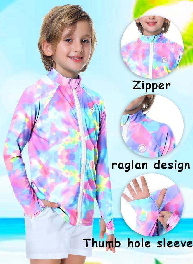 AOBUTE Boys Zip Rashguard Toddler Girls Long Sleeve Sun Protection Clothes Tie Dye Swim Rash Guard with Thumb Holes Purple 3-4 Years - Image 3