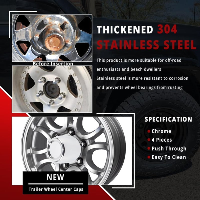 RTRHINOTUNING Stainless Steel Push Through Center Caps 3.19" for Trailer Truck Rv Wheel Rims Chrome Trailer Hub Cap 3.6" Hight 4 PCS Wheel Center Caps - Image 5