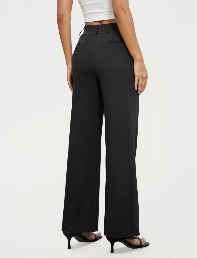 FireSwan Women's Wide Leg Dress Pants High Waisted Stretchy Work Trousers Business Casual Office Pull on Slacks with Pockets Black - Image 2