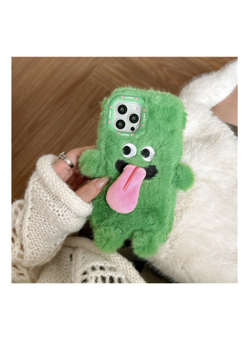 Y&D Compatible with iPhone 15 Pro Max Case, 3D Cute Plush Furry Fuzzy for Women Fluffy Cartoon Tongue-Out Green Monster Fur Hair Girly Protection Cover, Vibrant, Soft Phone Case (Green) - Image 1