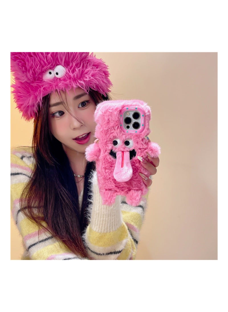 Y&D Compatible with iPhone 15 Pro Max Case, 3D Cute Plush Furry Fuzzy for Women Fluffy Cartoon Tongue-Out Green Monster Fur Hair Girly Protection Cover, Vibrant, Soft Phone Case (Green) - Image 5