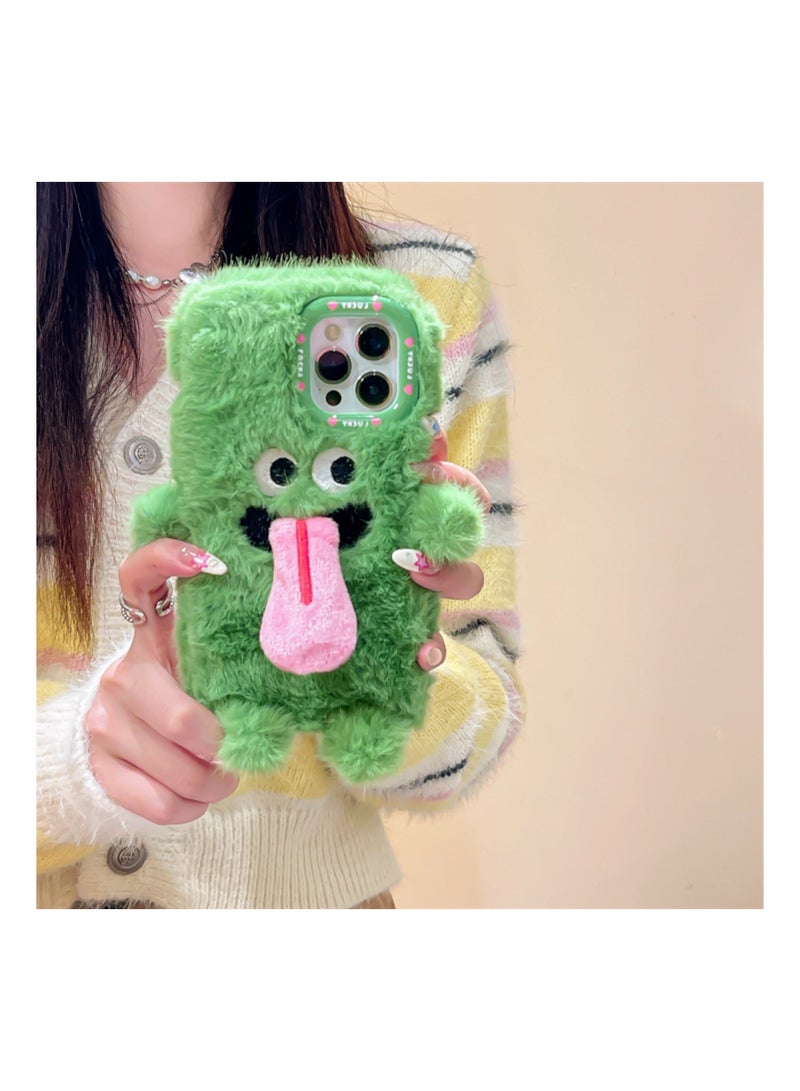 Y&D Compatible with iPhone 15 Pro Max Case, 3D Cute Plush Furry Fuzzy for Women Fluffy Cartoon Tongue-Out Green Monster Fur Hair Girly Protection Cover, Vibrant, Soft Phone Case (Green) - Image 2