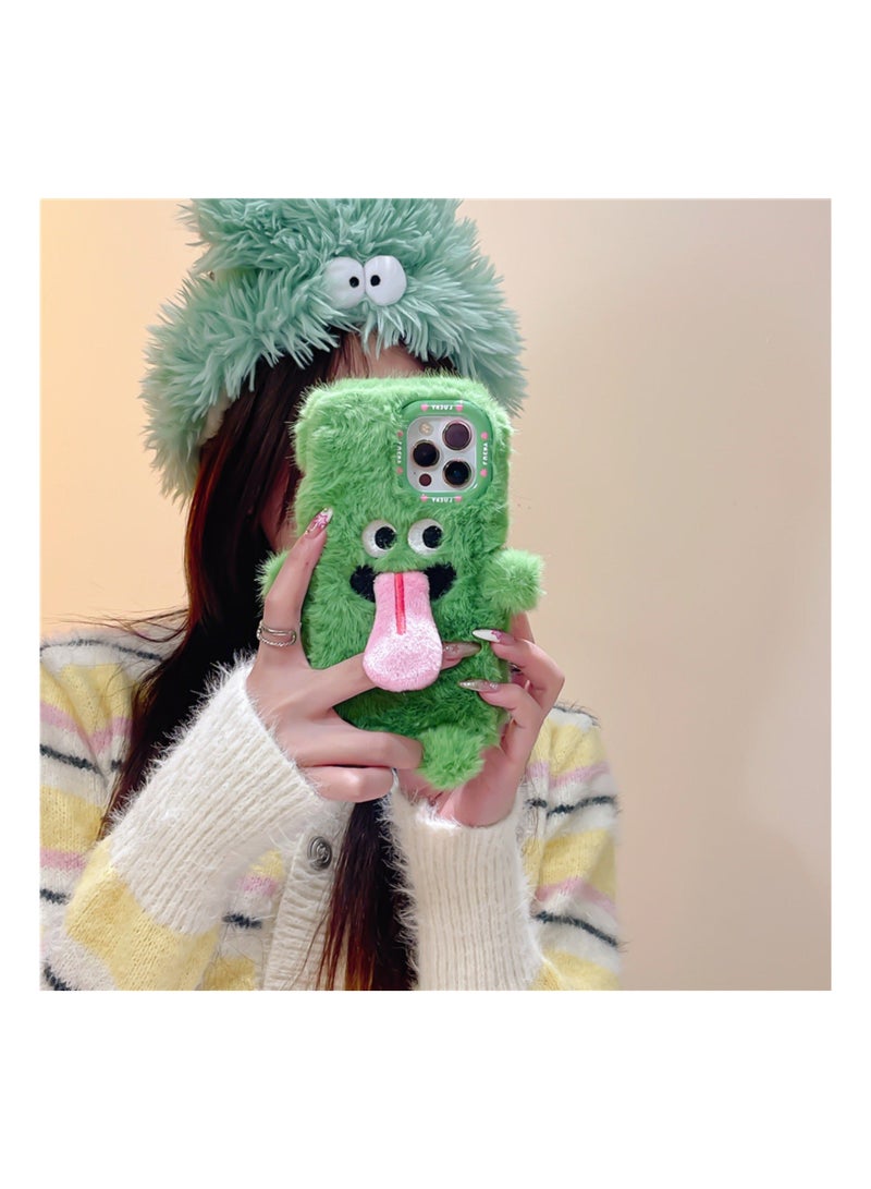 Y&D Compatible with iPhone 15 Pro Max Case, 3D Cute Plush Furry Fuzzy for Women Fluffy Cartoon Tongue-Out Green Monster Fur Hair Girly Protection Cover, Vibrant, Soft Phone Case (Green) - Image 3