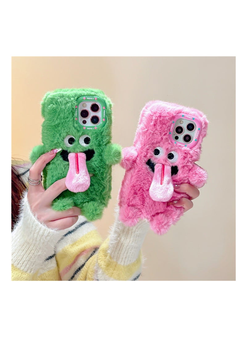 Y&D Compatible with iPhone 15 Pro Max Case, 3D Cute Plush Furry Fuzzy for Women Fluffy Cartoon Tongue-Out Green Monster Fur Hair Girly Protection Cover, Vibrant, Soft Phone Case (Green) - Image 4