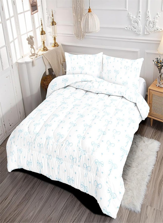 Bildenly Comforter Set Full Size Bow - Light Blue Bow Quilt Bedding Set 3 Pieces, Comforter Set Full, Soft & Lightweight Comforter(79‘’ x 90‘’) for Girl All Season & 2 Pillow Cases(30‘’x20‘’) - Image 3