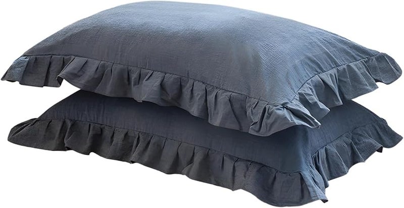 Blue Washed Cotton Ruffled Pillow Shams Standard Size 48x74 Cm Soft Pillowcases - Image 1