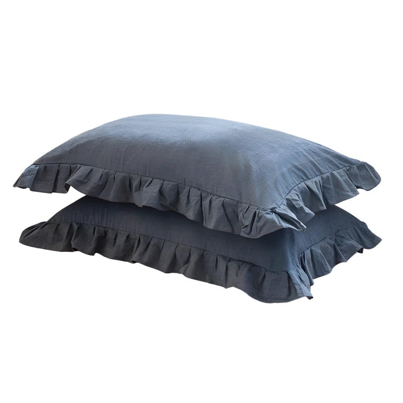 Blue Washed Cotton Ruffled Pillow Shams Standard Size 48x74 Cm Soft Pillowcases - Image 2