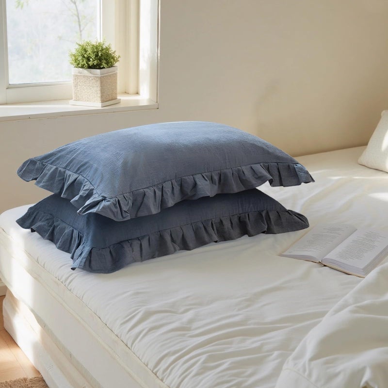 Blue Washed Cotton Ruffled Pillow Shams Standard Size 48x74 Cm Soft Pillowcases - Image 5