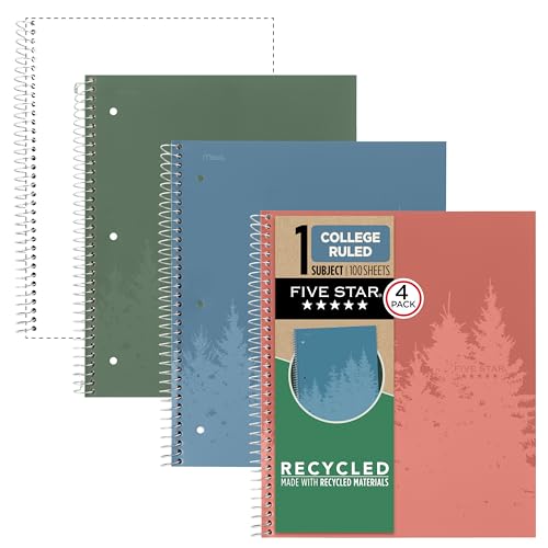 Five Star Spiral Notebook + Study App, 4 Pack, 1 Subject, Recycled College Ruled Paper, 8-1/2" x 11", 100 Sheets, Fights Ink Bleed, Includes 3 Colors + 1 Randomly Selected Color (820046-ECM24) - Image 1