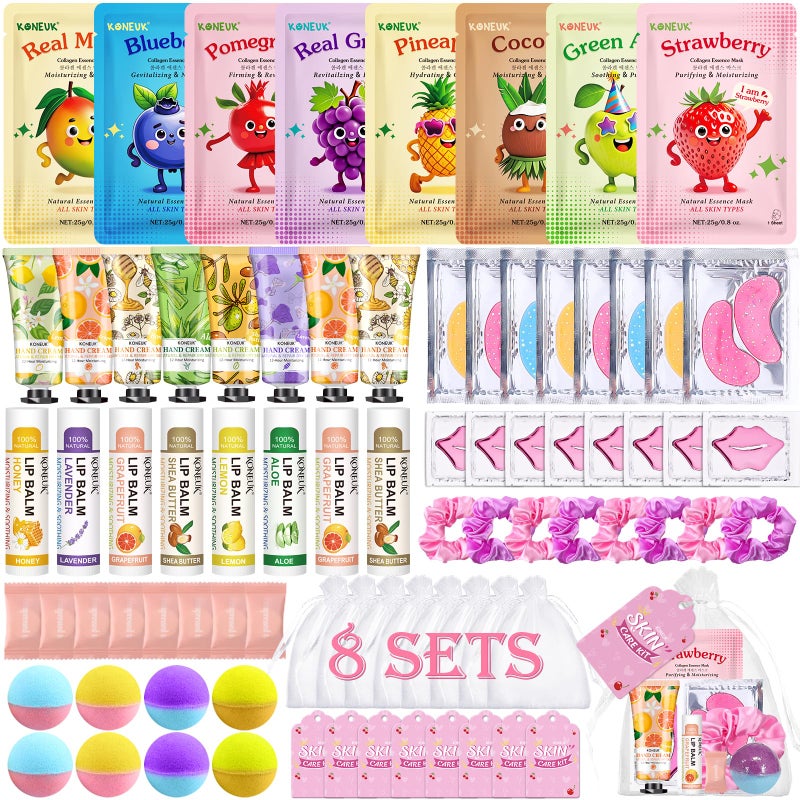 KONEUK 80PCS Spa Party Supplies for Girls, Include Facial Masks, Lip Balm, Hand Cream, Under Eye Patches, Lip Mask, Foot Bath Bombs, Compressed Towels, Sleepover and Spa Birthday Party Supplies for Girls - Image 1