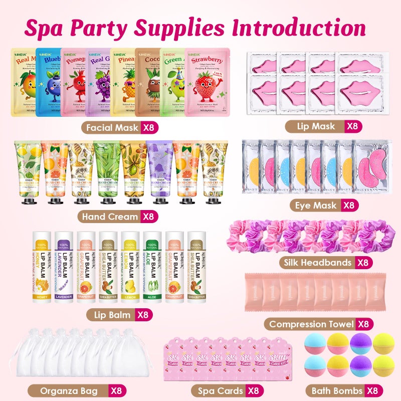 KONEUK 80PCS Spa Party Supplies for Girls, Include Facial Masks, Lip Balm, Hand Cream, Under Eye Patches, Lip Mask, Foot Bath Bombs, Compressed Towels, Sleepover and Spa Birthday Party Supplies for Girls - Image 2