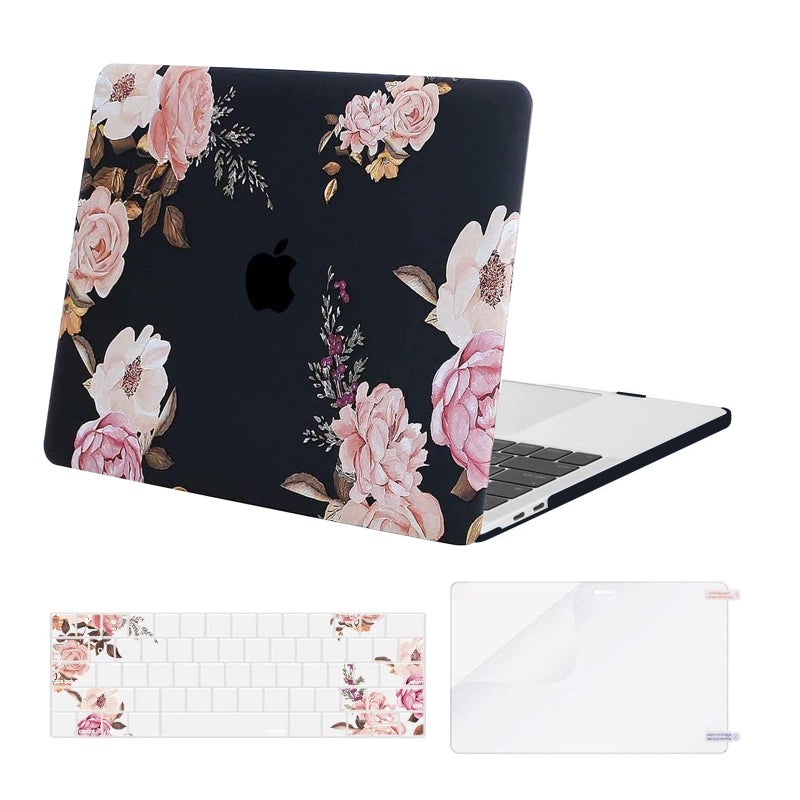 MOSISO Compatible with MacBook Pro 13 inch Case M2 2025, 2024, 2023, 2022-2016 A2338 M1 A2251 A2289 A2159 A1989 A1708 A1706, Plastic Peony Hard Shell Case&Keyboard Cover&Screen Protector, Black - Image 1