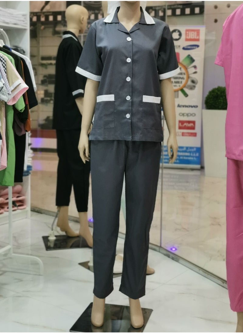 Rannah's Closet Maid Uniform with Button Top and Pants Grey Domestic Helper Uniform  - Image 3