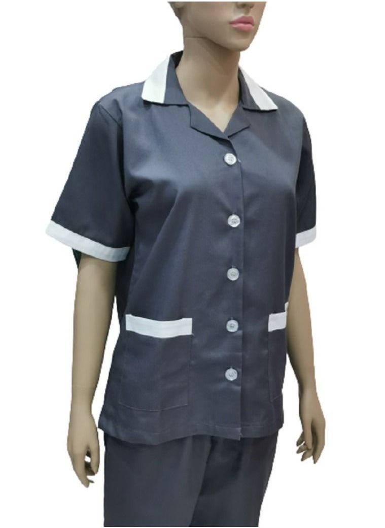 Rannah's Closet Maid Uniform with Button Top and Pants Grey Domestic Helper Uniform  - Image 2