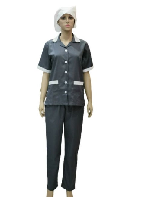 Maid Uniform with Button Top and Pants Grey Domestic Helper Uniform