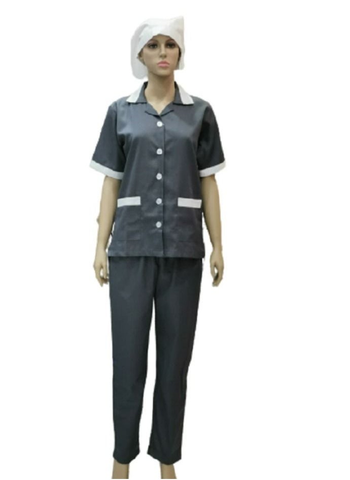 Rannah's Closet Maid Uniform with Button Top and Pants Grey Domestic Helper Uniform  - Image 1