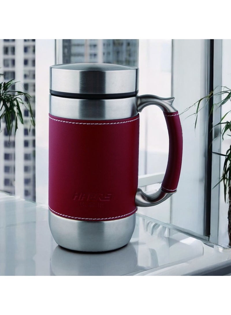 هيرز كوب ستيل هيرز مناسب للسفر والحمل باليد قابل لإعادة الاستخدام بمقبض وجلد لون أحمر \ فضي ستيل 304 الصلب بسعة 600مل - Image 2