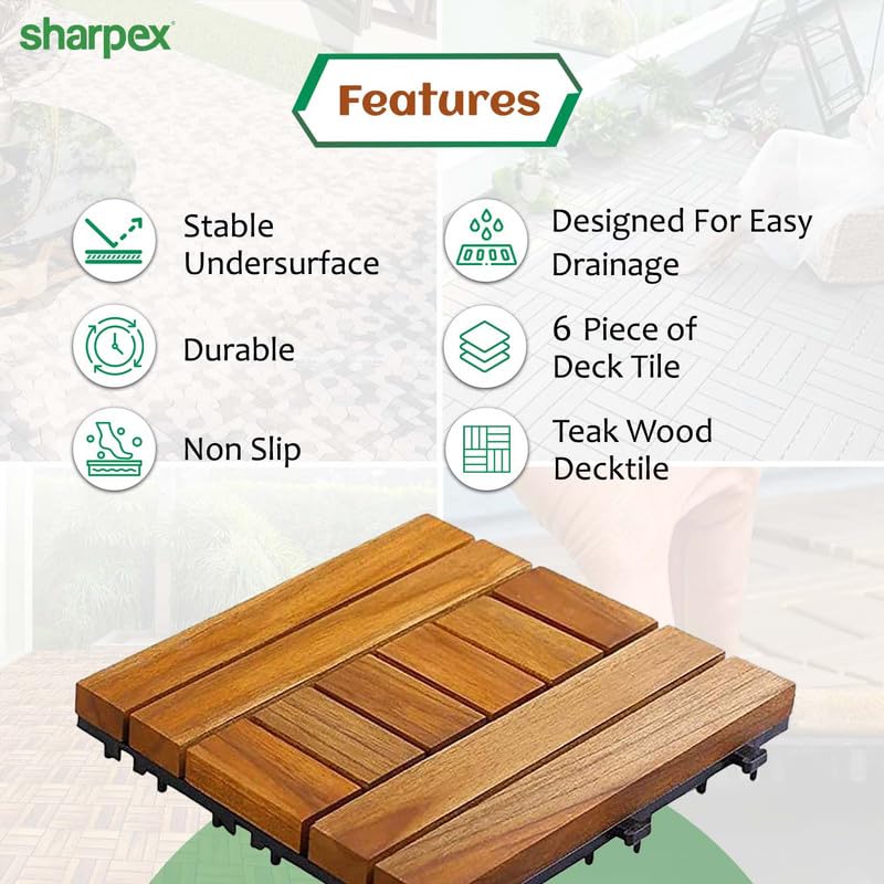 Sharpex Deck Tiles with Interlocking | 1 Piece Teck Wood Floor Decking Water Resistant Tile for Balcony, Terrace, Garden, | Quick Flooring Solution for Indoor/Outdoor (Brown) - Image 3