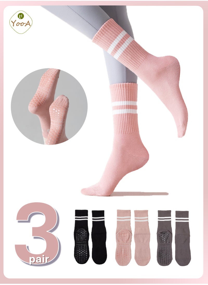 YooA 3-Pair Non-slip Yoga Socks, Cotton Pilates Socks with 3D Silicone Particles, Breathable&Moisture-wicking&Machine-washable, Ideal for Yoga/Pilates/Ballet/Dance/Workout (Pink+Black+Grey)  - Image 1