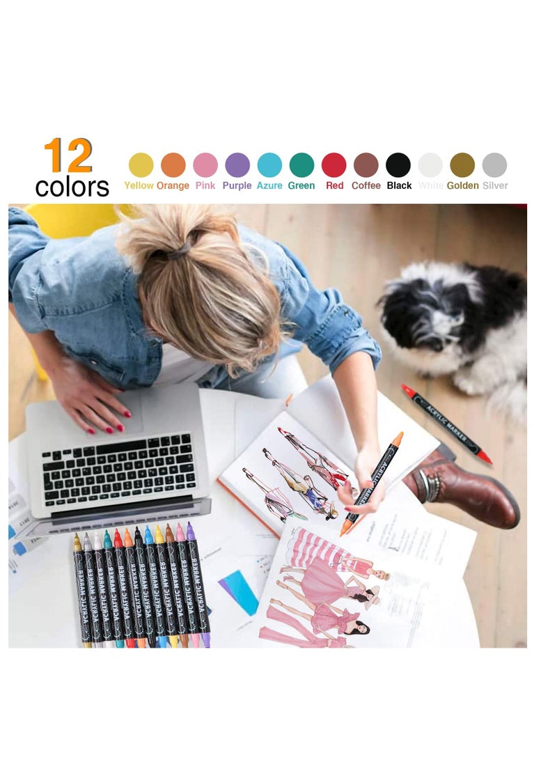 Excefore Acrylic Markers, 12 Colors Dual Tip Acrylic Paint Pens Markers, Premium Acrylic Markers, Paint Pens Paint Markers for Wood, Rock Painting, Glass, DIY Crafts, Canvas, Stone - Image 5