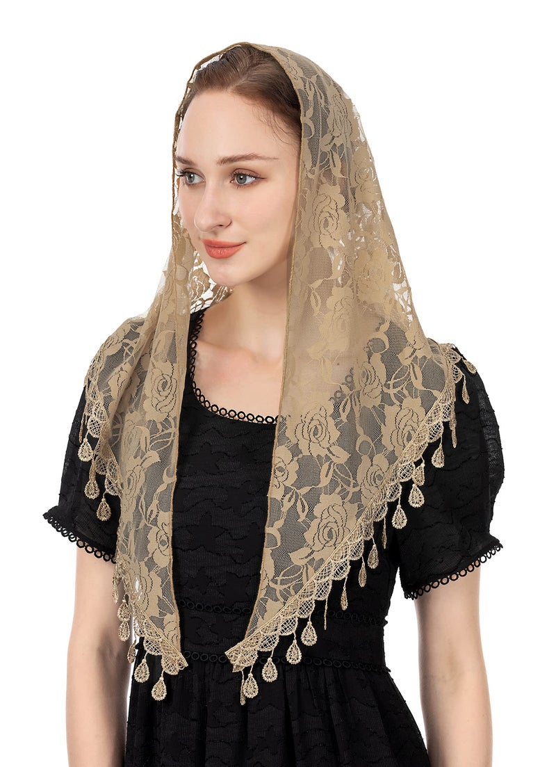 Wgior Triangle Veil for Church Lace Chapel Veil Catholic Mass Head Covering Scarf Mantilla for Women (Beige) - Image 1