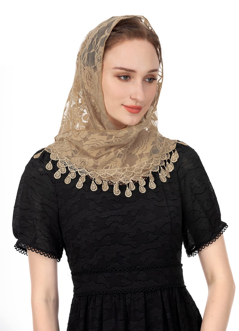 Wgior Triangle Veil for Church Lace Chapel Veil Catholic Mass Head Covering Scarf Mantilla for Women (Beige) - Image 4