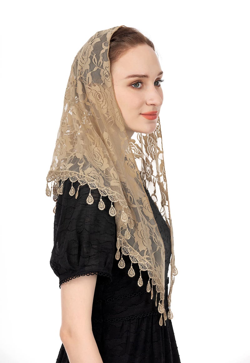 Wgior Triangle Veil for Church Lace Chapel Veil Catholic Mass Head Covering Scarf Mantilla for Women (Beige) - Image 3
