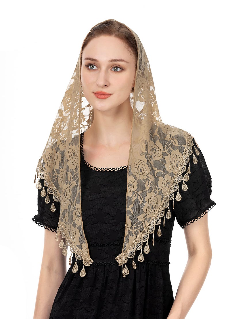 Wgior Triangle Veil for Church Lace Chapel Veil Catholic Mass Head Covering Scarf Mantilla for Women (Beige) - Image 2