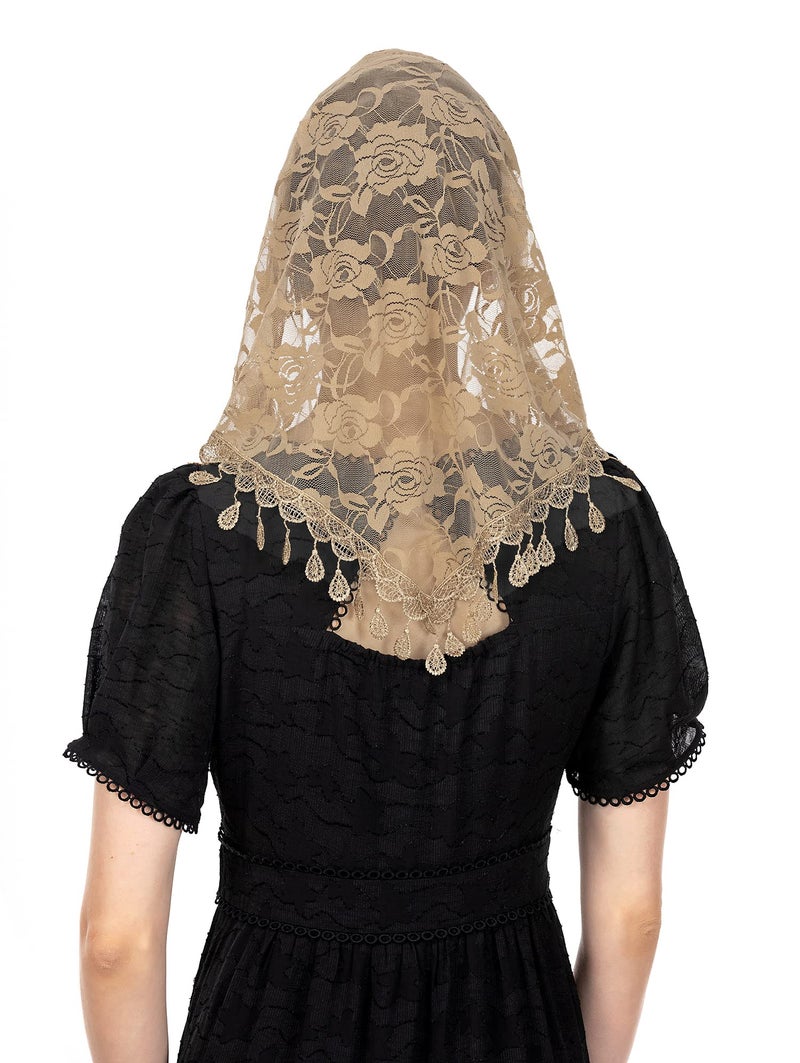 Wgior Triangle Veil for Church Lace Chapel Veil Catholic Mass Head Covering Scarf Mantilla for Women (Beige) - Image 5