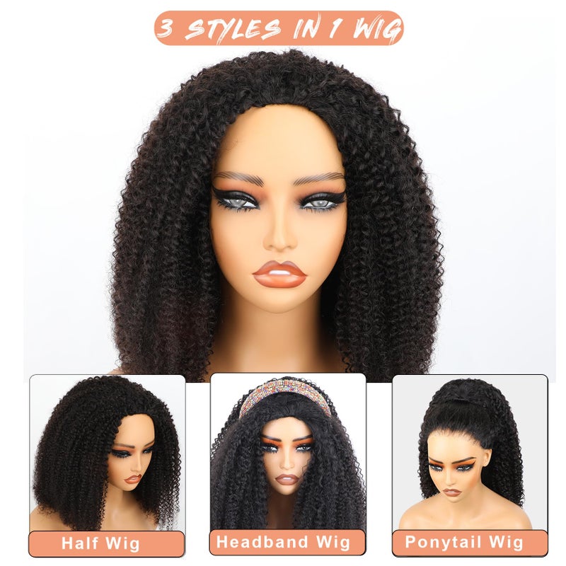 Domiso Afro Kinky Curly 3 In 1 Half Wig with Elastic Band Seamless Kinky Curly Flip Over Beginner Friendly Glueless Wear & Go Drawstring Band Clip in Wig Human Hair Black Color 18 Inch - Image 5