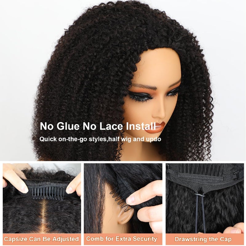 Domiso Afro Kinky Curly 3 In 1 Half Wig with Elastic Band Seamless Kinky Curly Flip Over Beginner Friendly Glueless Wear & Go Drawstring Band Clip in Wig Human Hair Black Color 18 Inch - Image 2