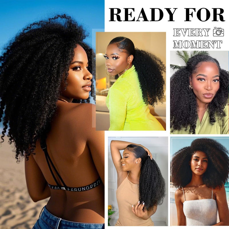 Domiso Afro Kinky Curly 3 In 1 Half Wig with Elastic Band Seamless Kinky Curly Flip Over Beginner Friendly Glueless Wear & Go Drawstring Band Clip in Wig Human Hair Black Color 18 Inch - Image 3