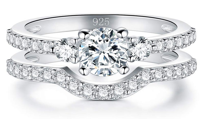BORUO 925 Sterling Silver Ring, Cubic Zirconia CZ 2pc Wedding Band Stackable Ring Set Size 7 - Image 2