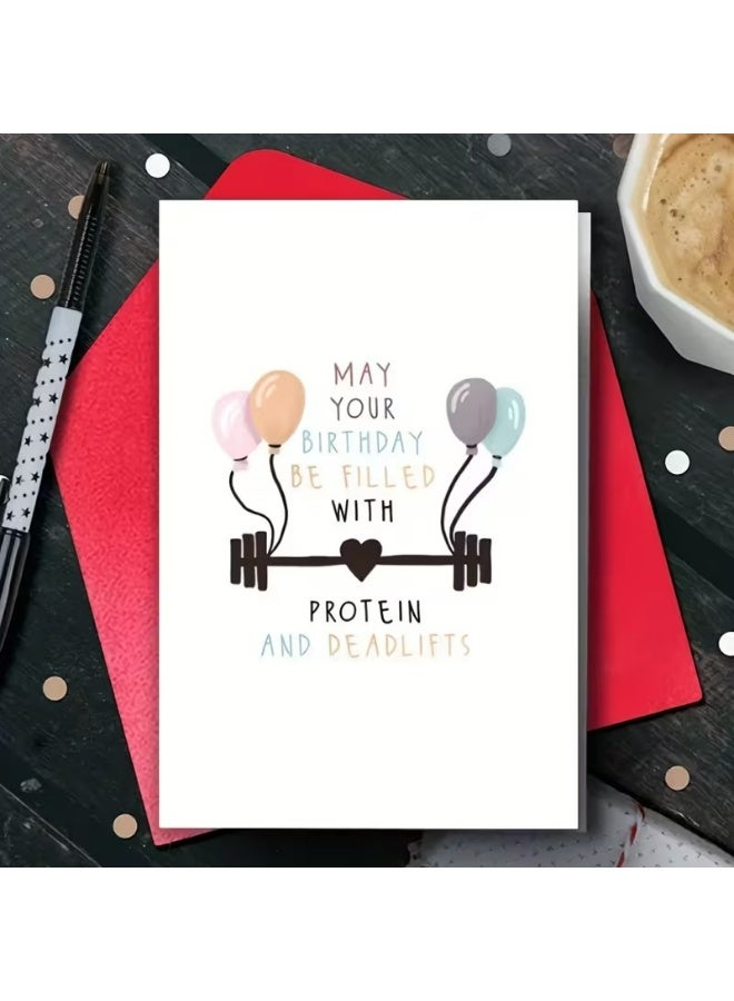Kandid Birthday Greeting Card with Envelope, Gym Design Print (Happy Birthday, Protein and Deadlifts) - Image 1
