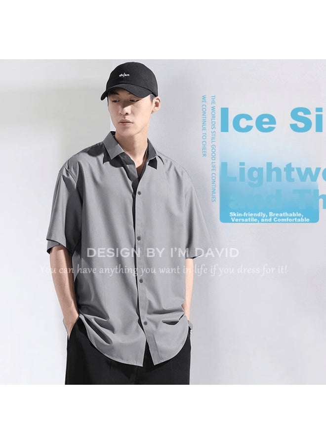 I'm David Men's Ice Silk Shirt Summer Short Sleeve Casual Fashion Versatile Black M