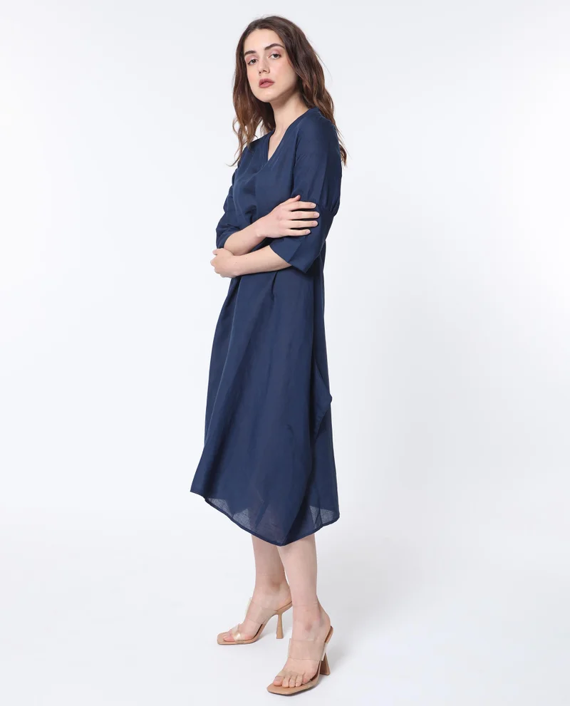 Rareism Women's Asymmetric Midi Dress With Panel Detail And V-Neckline