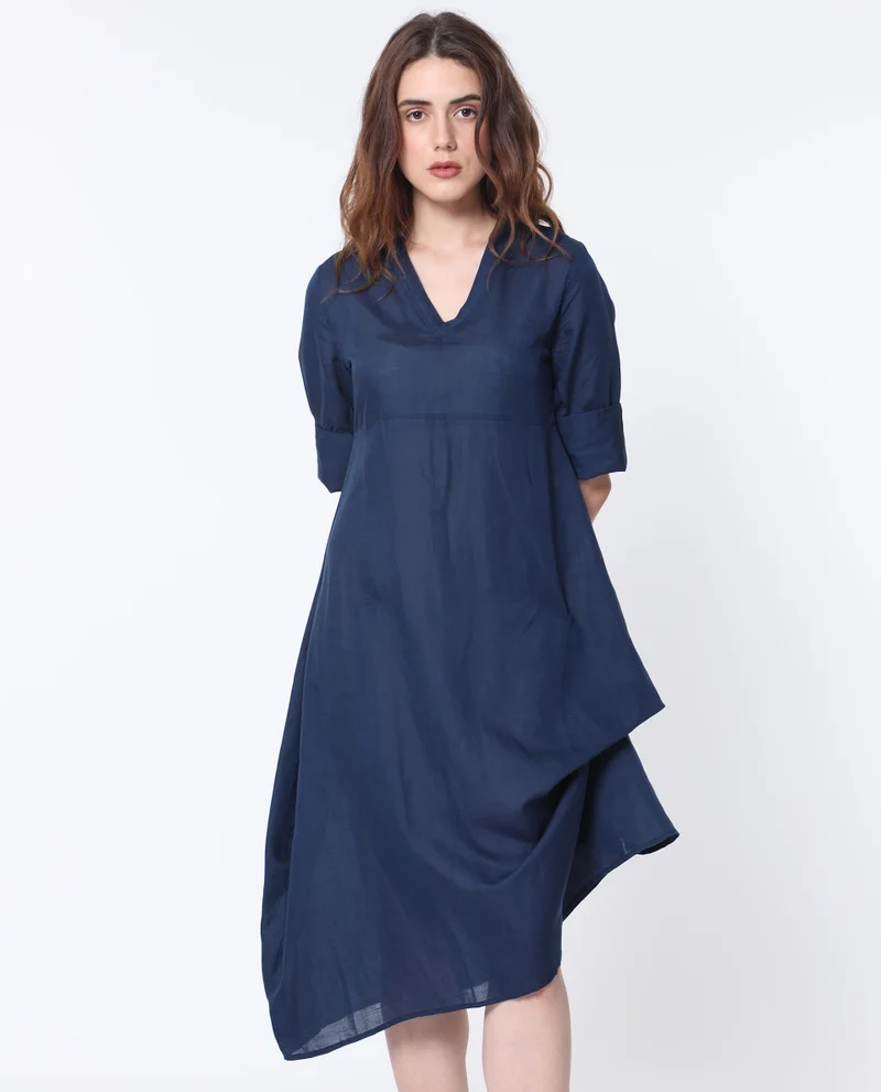 Rareism Women's Asymmetric Midi Dress With Panel Detail And V-Neckline