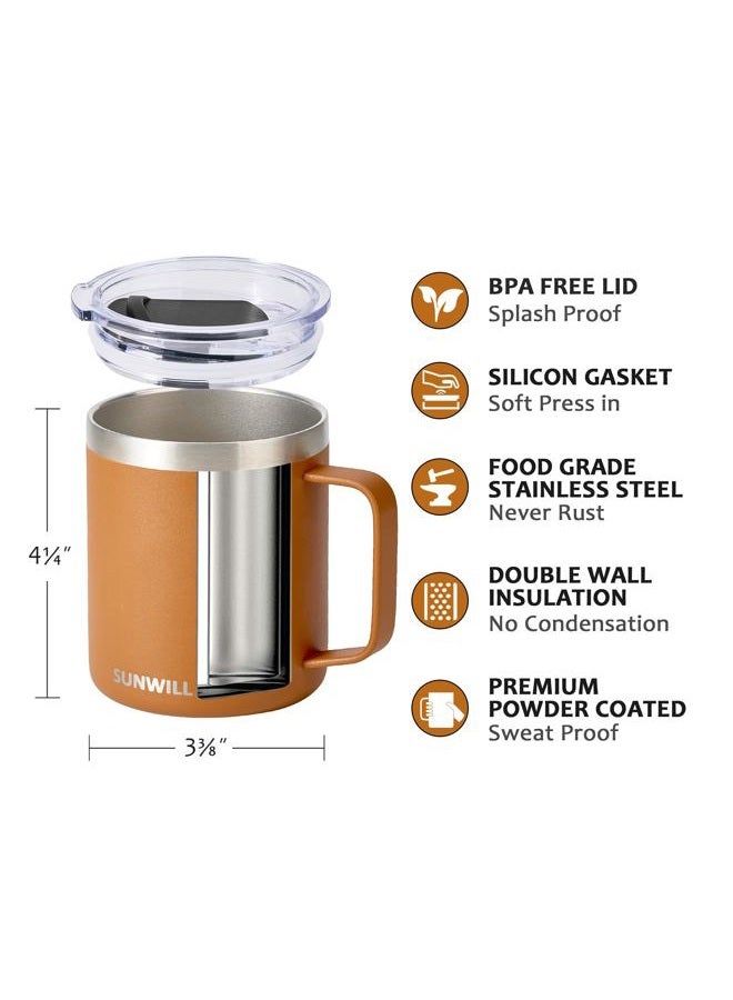 SUNWILL Insulated Coffee Mug with Lid, Travel Tumbler with Handle, 14 oz Stainless Steel Cup for Camping, Office, Home, Powder Coated Caramel - Image 2