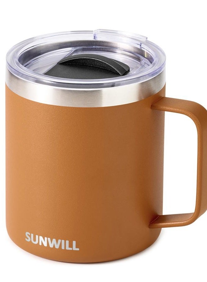 SUNWILL Insulated Coffee Mug with Lid, Travel Tumbler with Handle, 14 oz Stainless Steel Cup for Camping, Office, Home, Powder Coated Caramel - Image 1