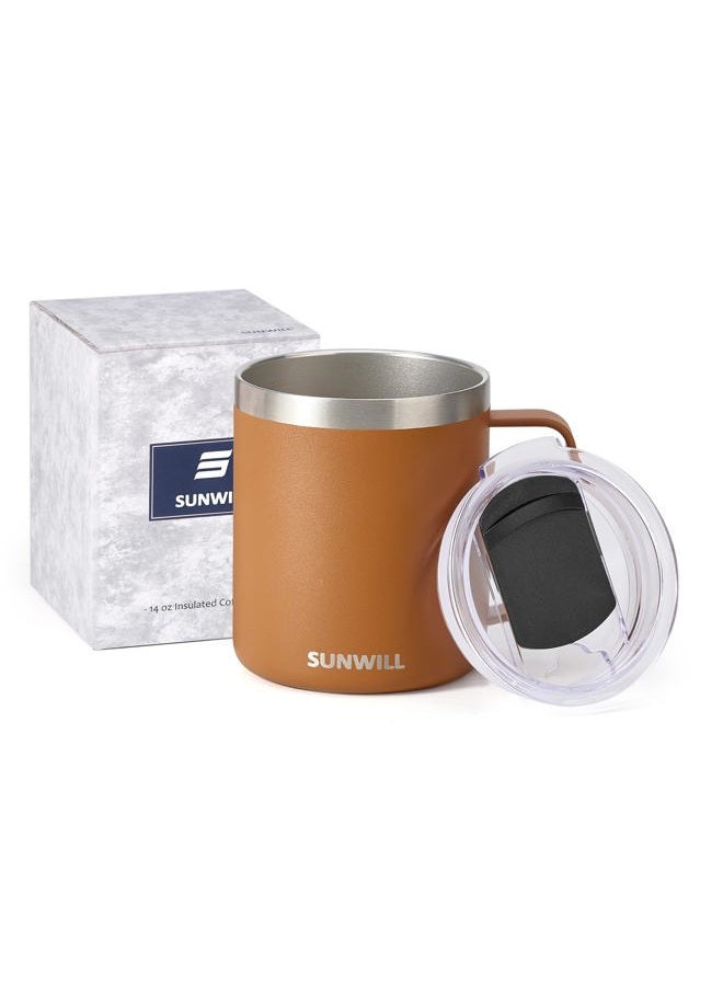SUNWILL Insulated Coffee Mug with Lid, Travel Tumbler with Handle, 14 oz Stainless Steel Cup for Camping, Office, Home, Powder Coated Caramel - Image 5