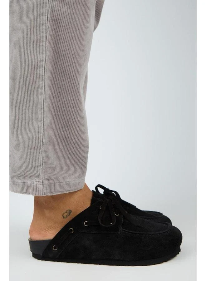 Karis Women's Genuine Leather Laced Sabo Black Slippers.